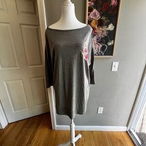 Gray Pajama Top With Pink Floral Applique 3/4 Sleeves Cozy Loungewear NWT
